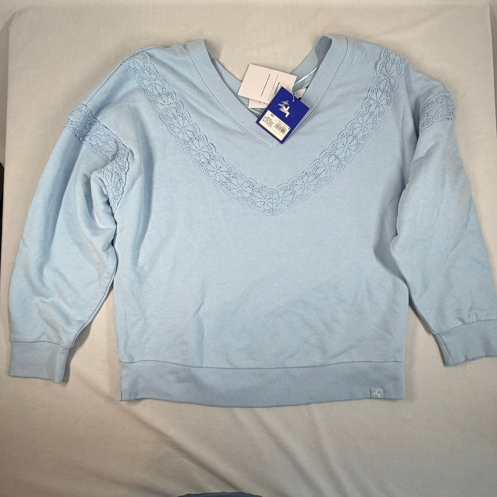 JoyLab Womens Loose Fit Sweatshirt Lace Trim V-Neck Cashmere Blue XS New